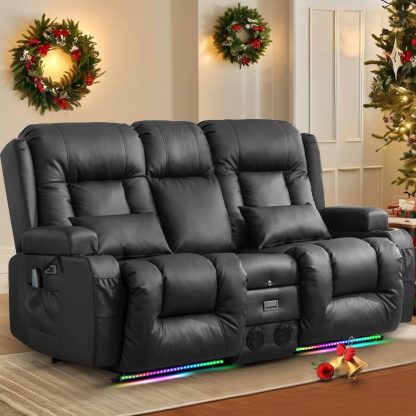 TUNYI Power Loveseat Recliner Sofa with Massage & Heat Home Theater Seating with Console Electric Recliner RV Sofa with USB/Outlet/Storage/Side Pocket/LED Light/Speaker (Brown, Loveseat)
