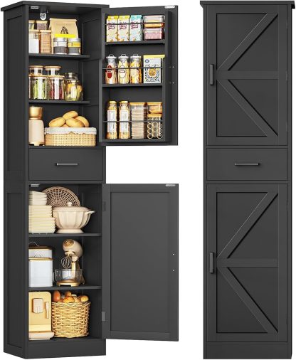 TEENFON Tall Storage Cabinet with 3 Door Shelves & 1 Drawer, Narrow Kitchen Pantry Cabinet