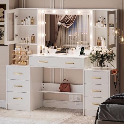 Black Vanity Desk with Mirror, Lights & Charging Station, 58.3" 3 Lighting Modes