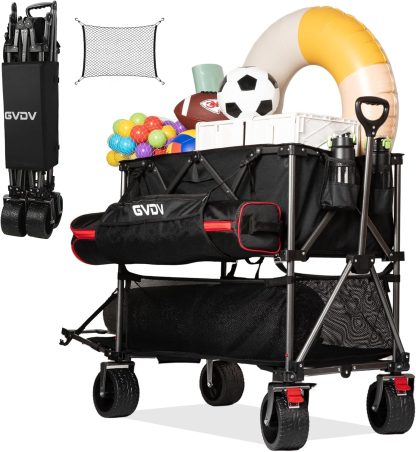 Double-decker cart, 500 lb capacity, 400 liter foldable cart, all-terrain wheels, 46" extra-long extension cart, foldable cart