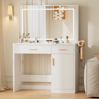 Sweetcrispy Vanity Desk with 35.4" LED Mirror and Lights, Makeup Vanity Table