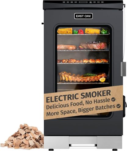 EAST OAK 30" Outdoor Electric Smoker / Built-in meat probe, smokes up to 6 times longer in a single load, side loader for uninterrupted smoking