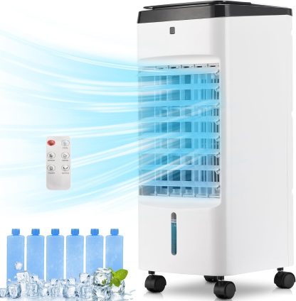 Uthfy Portable Air Conditioners, 3 IN 1 Evaporative Air Cooler with Detachable Water Tank, 6 Ice Packs, 12H Timer, 120° Oscillation, Remote, 3 Speeds, 4 Modes, Swamp Cooler for Bedroom, Office