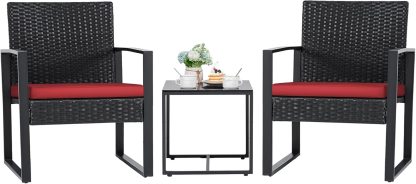 Flamaker 3 Pieces Patio Set Outdoor Wicker Furniture Sets Modern Rattan Chair Conversation Sets with Coffee Table for Yard and Bistro (Black)