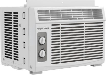 Amazon Basics 5000-BTU Window Air Conditioner with Quiet Operation, Up to 150 Sqf, Cool and Fan Functions, Washable Filter, Adjustable Window Kit, Intuitive Mechanical Controls, for Small Room, White