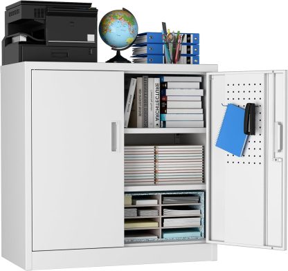 Metal Storage Cabinet with Pegboard 71'' x 34'' x 18'',Lockable Steel Storage Cabinet with 5 Adjustable Shelves and Door for Garage, Office, Kitchen, Assembly Required(Black)