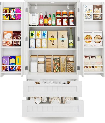 Gizoon Kitchen Pantry Storage Cabinet with Drawers Freestanding Bathroom Storage Cabinets with Doors and Shelves, 47" Small Food Pantry Cabinet for Dining Room Craft Room, White