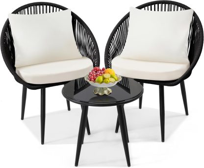 3 Piece Bistro Set, Woven Rope Chair with Cushions, All Weather Patio Conversation Set with Side Table, Ideal for Deck, Balcony, Poolside, Black