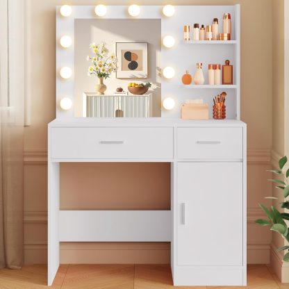 Lighted Makeup Vanity Desk, 35.4“W x 15.7'”D x 54“H, White with Lights and Mirror