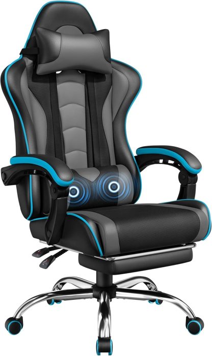 Gaming Chair with Massage Lumbar Support and Footrest Height Office Gaming Chair