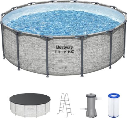 Steel Pro MAX 14 Foot x 48 Inch Round Metal Frame Above Ground Outdoor Swimming Pool Set