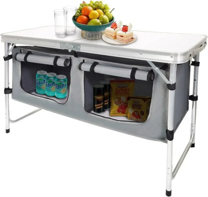 Outdoor Folding Table Aluminum Lightweight Height Adjustable with Storage Organizer