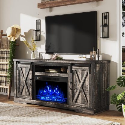 AMERLIFE Fireplace TV Stand with Sliding Barn Door Farmhouse 63" Fireplace Entertainment Center