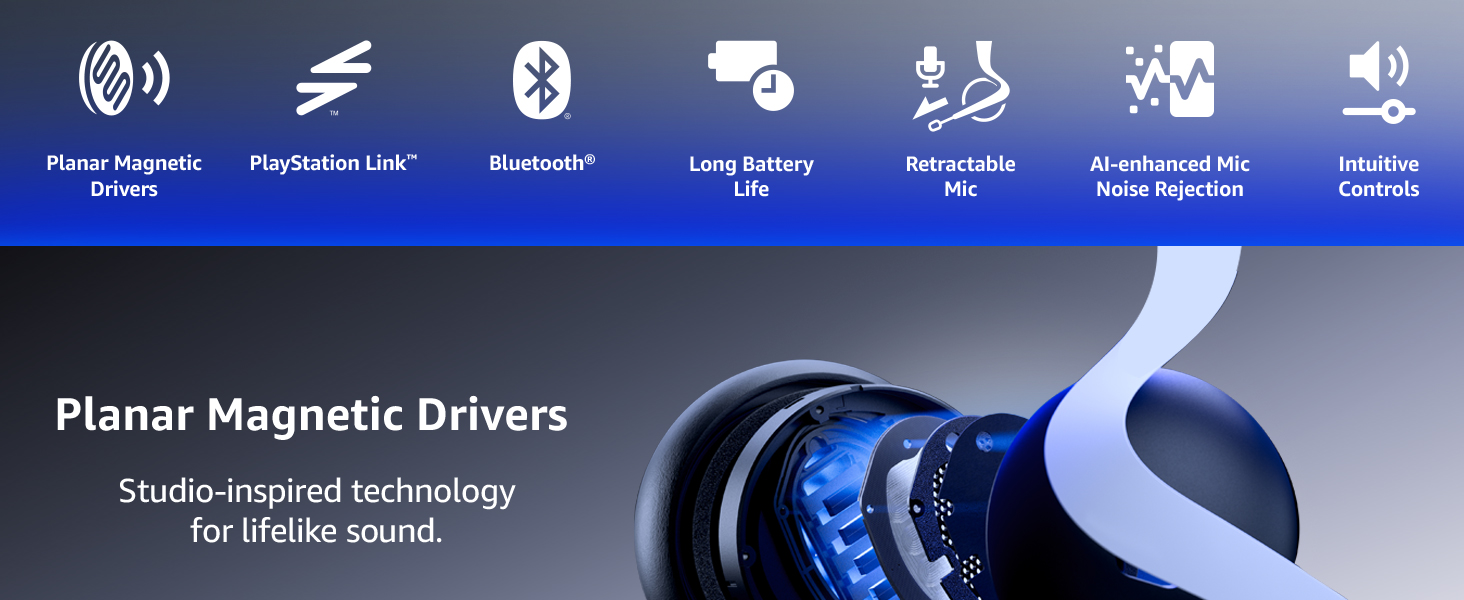 Planar magnetic drivers, playstation link, bluetooth, ai enhanced mic noise rejection long battery