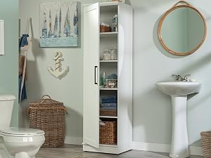 Storage cabinet showing reversible door configuring