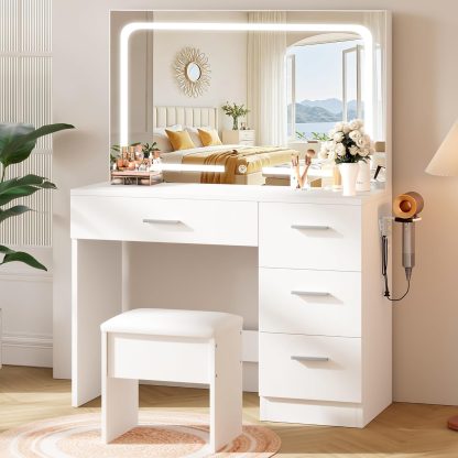 Makeup Vanity Desk Set, White, 35.4“W x 15.7" D x 53.9" H Large Smart LED Mirror