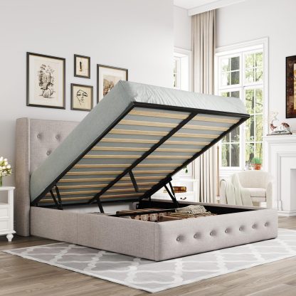 Allewie Queen Size Lift Up Storage Bed Modern Wingback Headboard Hydraulic Support