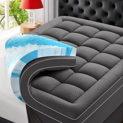 Premium Dual Layer 4 Inch Memory Foam Mattress Topper, 2 Inch Gel Memory Foam and 2 Inch Pillow Top Mattress Pad Cover for Back Pain, Extra Thick Comfort Support