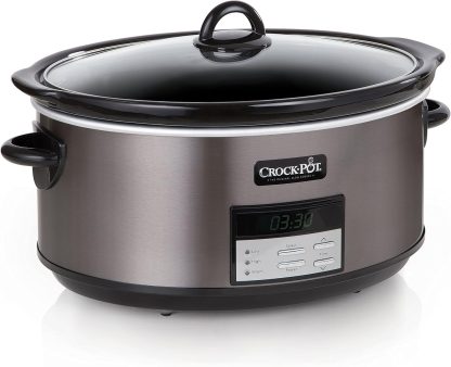 Large 8-Quart Programmable Slow Cooker with Auto Warm Setting Black Stainless Steel