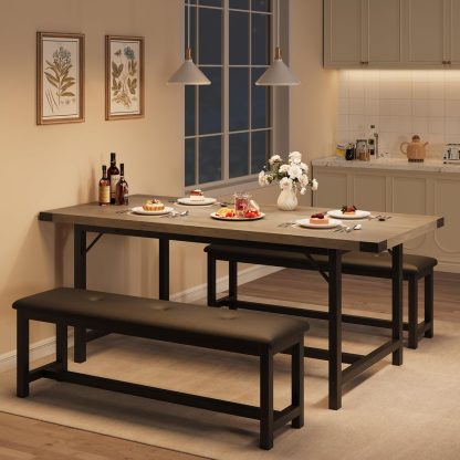 IDEALHOUSE 3 Piece Dining Table Set 63" Thick Metal Frame Kitchen Table Wooden Dinette Table Set