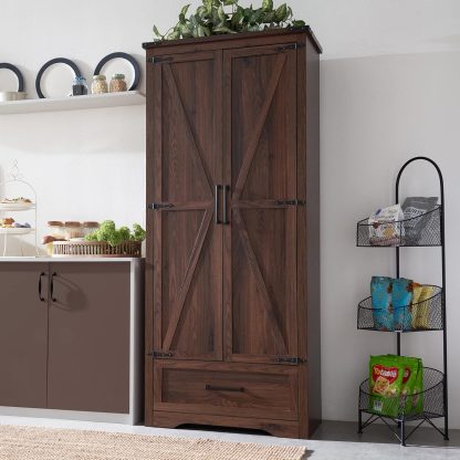 JXQTLINGMU Farmhouse Kitchen Pantry Cabinet - 72" Tall Wood Kitchen Storage Cabinets with Adjustable Shelves & 2 Barn Style Doors & Drawer, Versatile Storage for Dining Room, Bathroom, Antique White