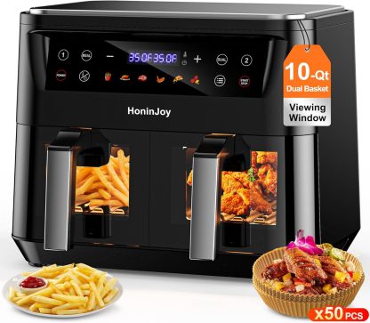 10QT Large Dual Basket Air Fryer with Viewing Window and 50pcs Paper Liners, 10-in-1 Digital Touchscreen Double Zone Air Fryers, SyncCook to Bake,Roast,Reheat,Broil, Nonstick Dishwasher Safe