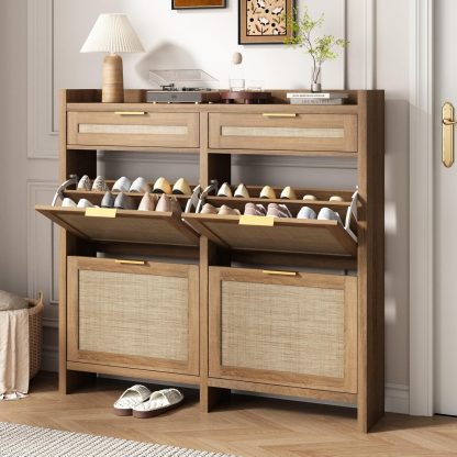 Large Rattan Shoe Storage Cabinet with 4 Flip Drawers & 2 Storages–Hidden Slim Shoe Organizer