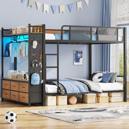 Itaar Metal Bunk Bed Twin Over Twin Hall Tree Power Outlet LED Bunk Bed 4 Storage Drawers