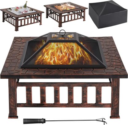 Yaheetech Multifunctional Fire Pit Table 32in Square Metal Firepit Stove Backyard Patio Garden Fireplace for Camping, Outdoor Heating, Bonfire and Picnic