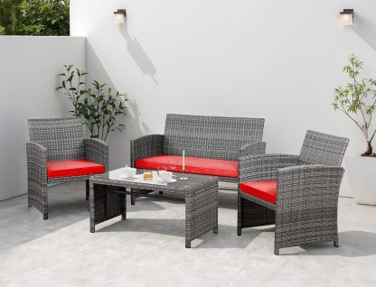 Shintenchi 4 Piece Patio Ratten Set Outdoor Furniture Set Wicker Conversation Set with Cushions and Tempered Glass Tabletop,Beige