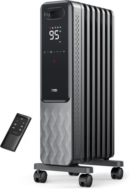Indoor electric radiant heater with overheat and tip-over protection, digital thermostat, oil-filled radiator
