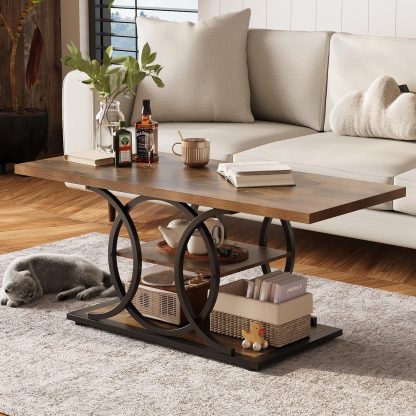 GiftGo Rustic Style Coffee Table Storage Industrial Style Three Tier Centerpiece Living Room Table