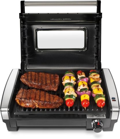 Hamilton Beach Electric Indoor Searing Grill with Viewing Window & Adjustable Temperature Control to 450F, 118 sq. in. Surface Serves 6, PFAS-Free Removable Nonstick Grate, Stainless Steel