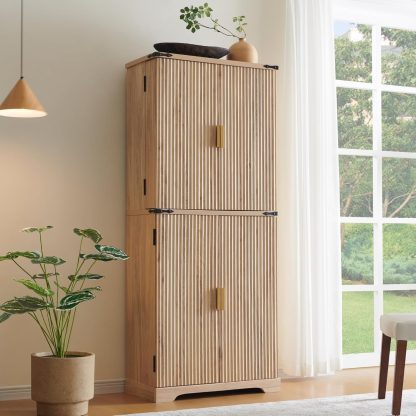 Fluted Pantry Cabinet, 72" Tall Modern Storage Cabinet with 4 Doors, Organizer, Drawer and Adjustable Shelves, Wood Cupboard for Kitchen, Dining Room, Living Room and Bathroom, Natural Oak