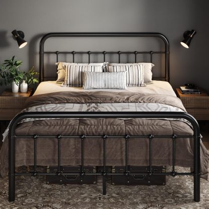 Allewie Queen Size Metal Platform Bed Frame with Victorian Style Wrought Iron-Art Headboard