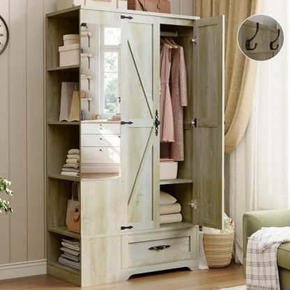 ANCTOR Armoire Wardrobe Closet with Mirror, 70" H Wooden Bedroom Armoires and Wardrobes