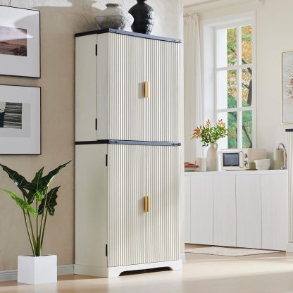 Fluted Pantry Cabinet, 72" Tall Modern Storage Cabinet with 4 Doors, Organizer, Drawer and Adjustable Shelves, Wood Cupboard