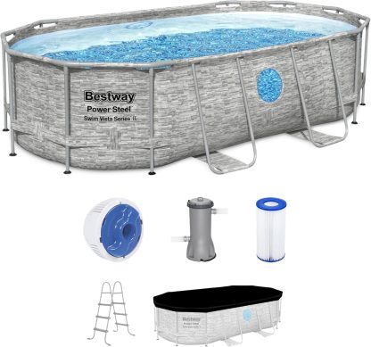 Power Steel Swim Vista Series II 14' x 8' 2" x 39.5" Above Ground Outdoor Swimming Pool Set with 530 GPH Filter Pump, Ladder, and Pool Cover