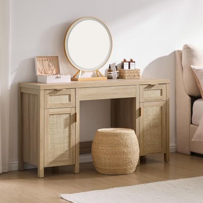 SICOTAS Rattan Vanity Home Office Desk - 52" Large Makeup Vanity Dressing Table