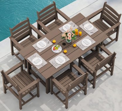 Outdoor HDPE Dining Table Set, 7-Piece Outdoor Dining Table Sets with Umbrella Hole Cut-Out Table and 6 Chairs