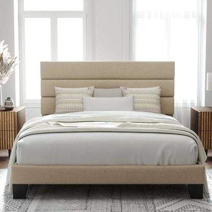 Allewie King size platform bed frame with velvet upholstered headboard and planks