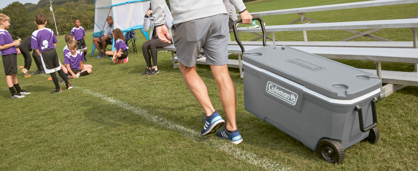wheeled hard cooler gray white soccer game sports tailgate snacks drinks best large dad mom easy