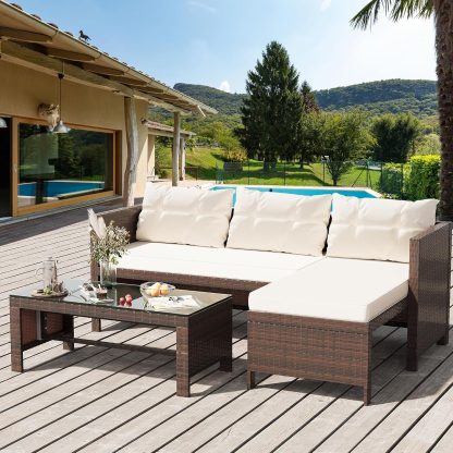 Shintenchi 3-Piece Outdoor Patio Furniture Sets, Wicker Patio Conversation Sets, All Weather Wicker Rattan Patio Seating Sofas with Glass Coffee Table and Cushion, Blue-Gray