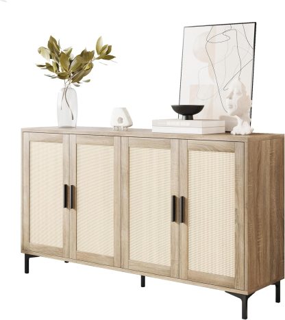 JASIWAY Buffet Cabinet with Storage 48" Rattan Sideboard Adjustable Shelves Modern Coffee Bar