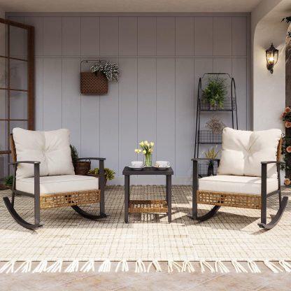 LAUSAINT HOME 3 Piece Rocking Bistro Set Outdoor Patio Furniture Oversize Rattan Conversation Set