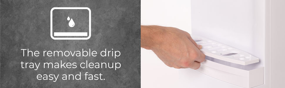 The removable drip tray makes cleanup easy and fast with had grabbing white drip tray from dispenser
