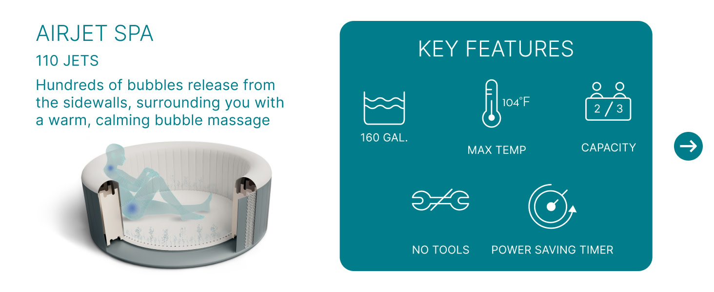 AirJet Spa with 2/3 capacity, 160-gallon limit, no tools, power-saving, and 104°F max temperature.