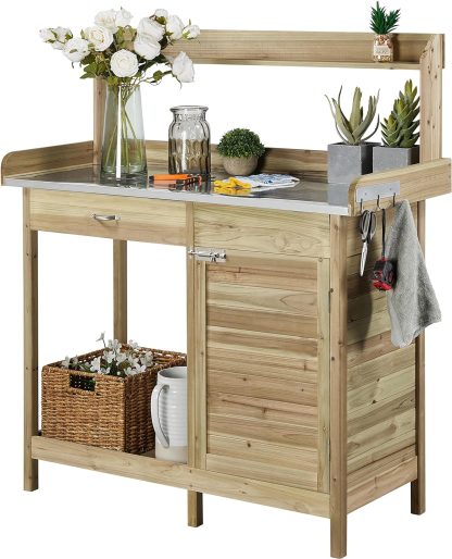 Yaheetech Outdoor Garden Potting Bench Table Work Bench Metal Tabletop Cabinet Drawer