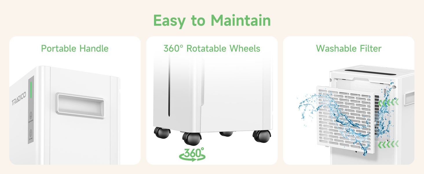 Dehumidifier with Removable Tank Washable Filter Portable Handle 360° Rotatable Wheels