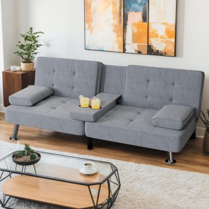 Shahoo Modern Linen Upholstered Convertible Folding Futon Sofa Bed with Removable Armrests
